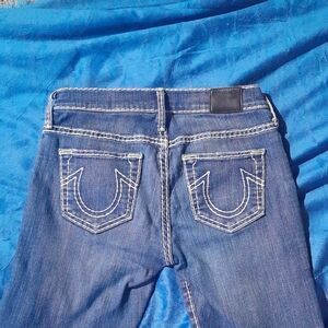 True Religion Low Rise Super Skinny Jeans with White And Lime Green Stitching
